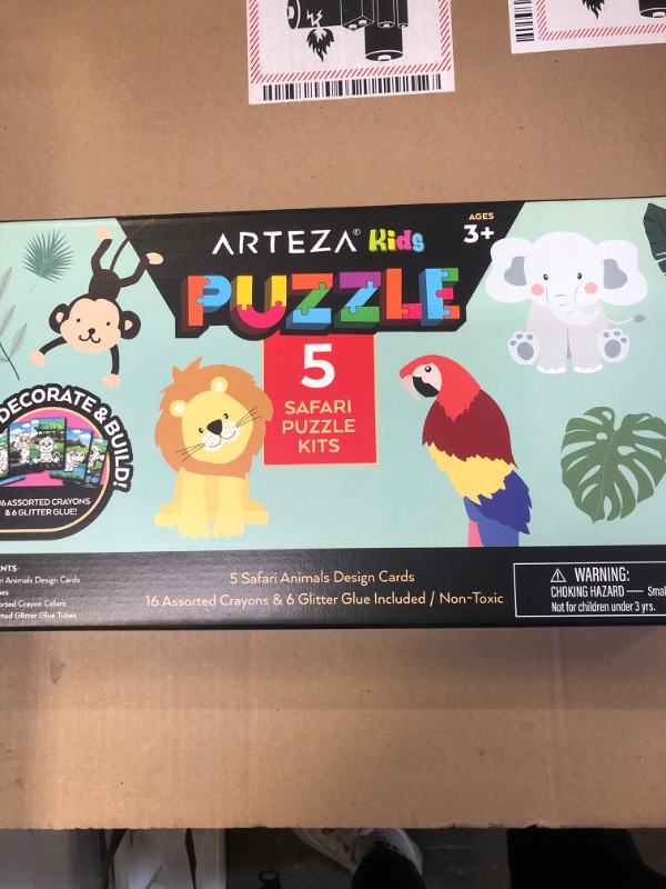 Photo 2 of Arteza Kids Coloring Kit, 5 Safari Jigsaw Puzzles, 16 Crayons, 6 Tubes of Glitter Glue, 5 Frames, DIY and Screen-Free Kids’ Activities, Craft and Art Supplies for Ages 3 and Up 5 Safari Puzzles