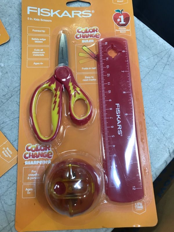 Photo 2 of Fiskars Color Change Kids 3pc Set - 5" Pointed Scissors, Red Color Change Ruler, Red Color Change Sharpener