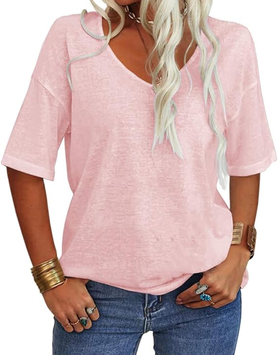 Photo 1 of Danedvi Women Fashion V-Neck Half Sleeves Oversized T Shirt Solid Casual Loose Basic Tops
 SIZE -SMALL 