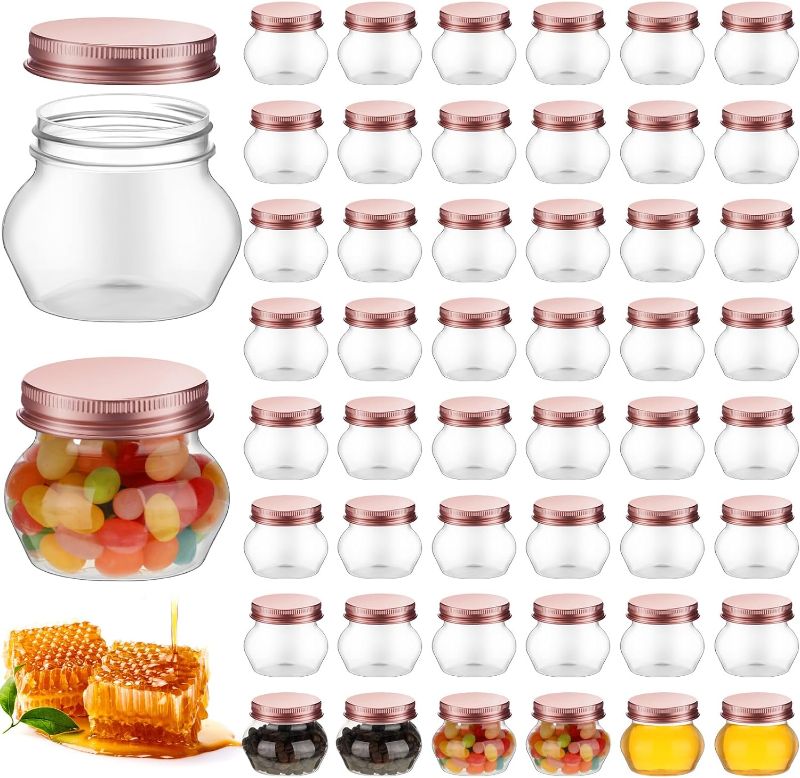 Photo 1 of 48 Pcs 4 oz Clear Plastic Jars with Lids Wide Mouth Mason Canning Jars Mini Storage Containers Bulk for Herb Jelly Wedding Favors Shower Party Favors (Rose Gold)
