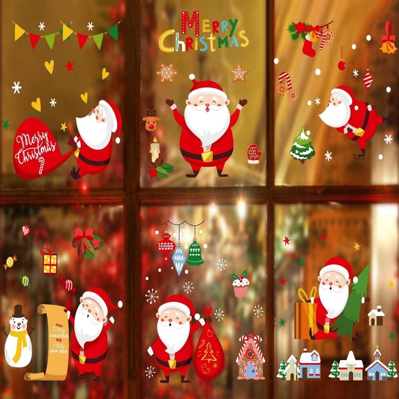 Photo 1 of Zspoly 9 Sheets Christmas Window Clings Christmas Decorations Cute Christmas Window Decals Stickers Christmas Decorations Indoor for Thanksgiving Christmas Home Party Decorations - Double Printed
