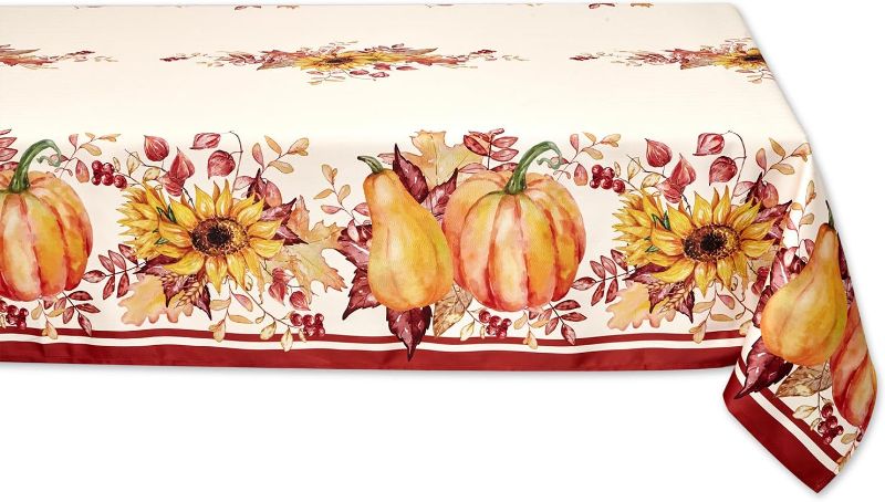 Photo 1 of YiHomer Brilliant Autumn Double Border Thanksgiving Tablecloth, Joy of Harvest Fall Pumpkin and Sunflower Cottage Print Easy Care Fabric Table Cloth, 52 x 70 Inch Rectangle
