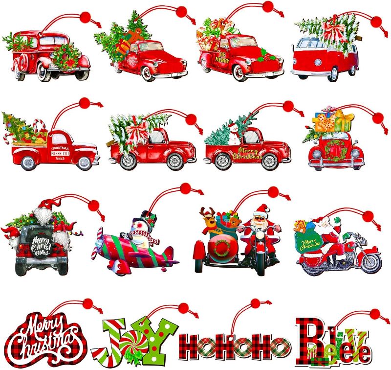 Photo 1 of 16 Pieces Red Truck Christmas Ornaments Wooden Christmas Tree Decoration Farmhouse Christmas Decorations Vintage Hanging Crafts Xmas Tree Decoration for Christmas Tree Decor Party Supplies
