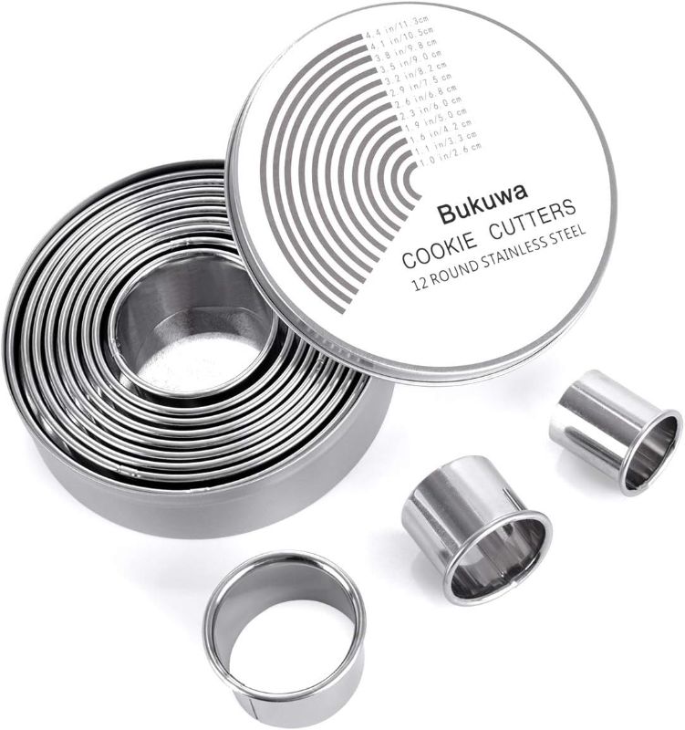 Photo 1 of 12 Pieces Round Cookie Biscuit Cutter Set,Graduated Circle for Pastry,18/8 Stainless Steel Donut Cutter Ring Molds
