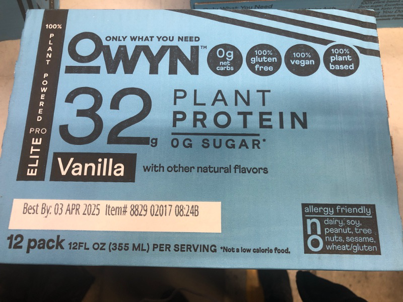 Photo 2 of OWYN 100% Vegan Plant-Based Pro Elite High Protein Shakes | Vanilla, 12 Fl Oz | Dairy-Free, Gluten-Free, Soy Free, Keto Friendly, Zero Sugar, Vegetarian  ex. apr 2025 12 pack 