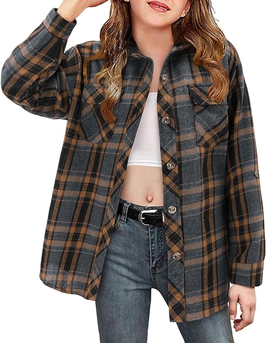 Photo 1 of Girls Plaid Button Down Shirts Western Shirts Kids Long Sleeve Casual Collared Blouses 2XL
