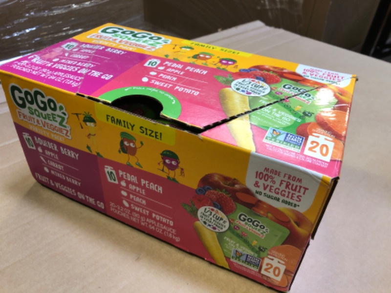 Photo 2 of GoGo squeeZ Fruit & veggieZ Variety Pack, Pedal Peach and Boulder Berry, 3.2 oz (Pack of 20), Unsweetened Snacks for Kids, Gluten Free, Nut Free, Dairy Free, Recloseable Cap, BPA Free Pouches Boulder Berry & Pedal Pedal Peach