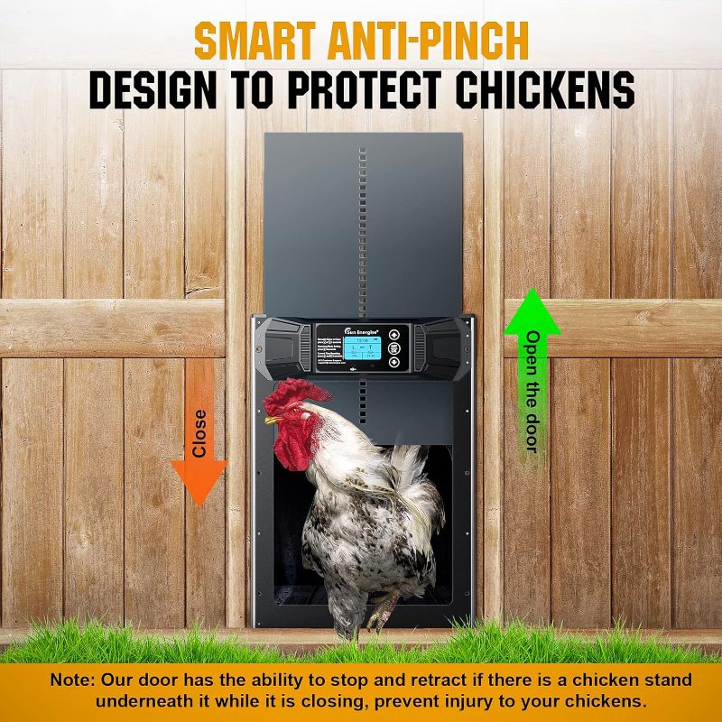 Photo 1 of  Chicken Coop Door Solar Powered with Timer and Programmable Light Sensor, Solar Auto Chicken Coop Door Opener with Battery Powered LCD Screen, Anti-Pinch Design for Chicken 