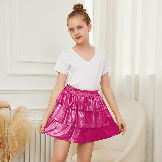 Photo 1 of  MODAFANS Girls Sparkle Metallic Skirt 3-Layer Ruffle Shiny Dance Scooter Skirt for Girls 8-9 years 