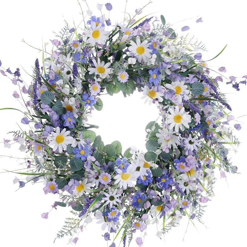 Photo 1 of  Inches Spring Wreath,Artificial Spring Wreaths for Front Door Spring Flower Wreaths Summer Wreath with Daisy Lanvender for Spring Summder Decor and Home Decorations 