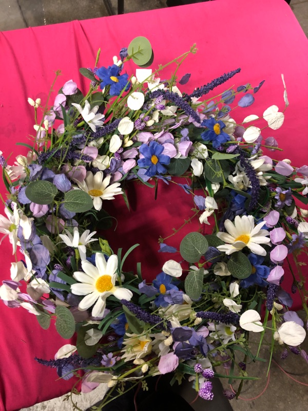 Photo 2 of  Inches Spring Wreath,Artificial Spring Wreaths for Front Door Spring Flower Wreaths Summer Wreath with Daisy Lanvender for Spring Summder Decor and Home Decorations 