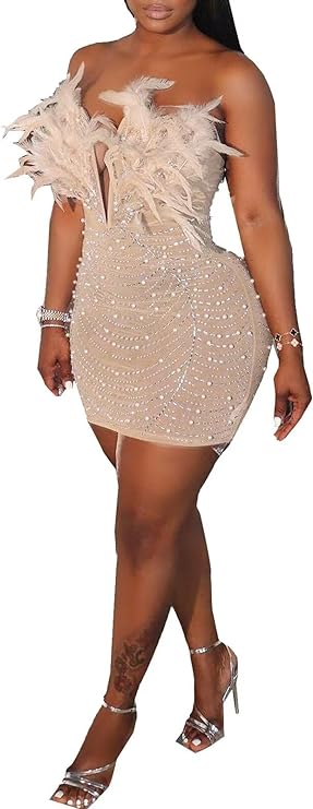 Photo 1 of   Mojessy Womens Sexy Feather Rhinestone Mini Dress Mesh See Through Off Shoulder Zipper Bodycon Dresses Cocktail Clubwear
 MED 