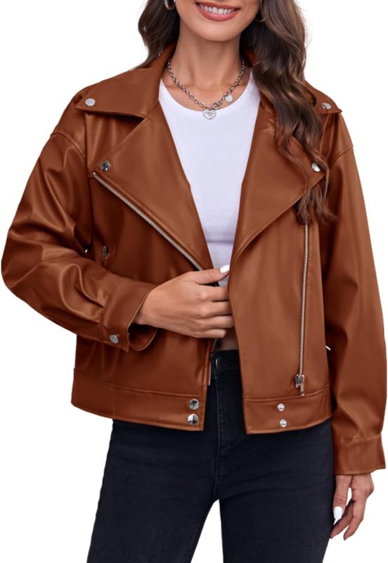 Photo 1 of Tankaneo Women Faux Leather Jacket Lapel Collar Zip Up Long Sleeve PU Motorcycle Bike Short Coat M orange 
