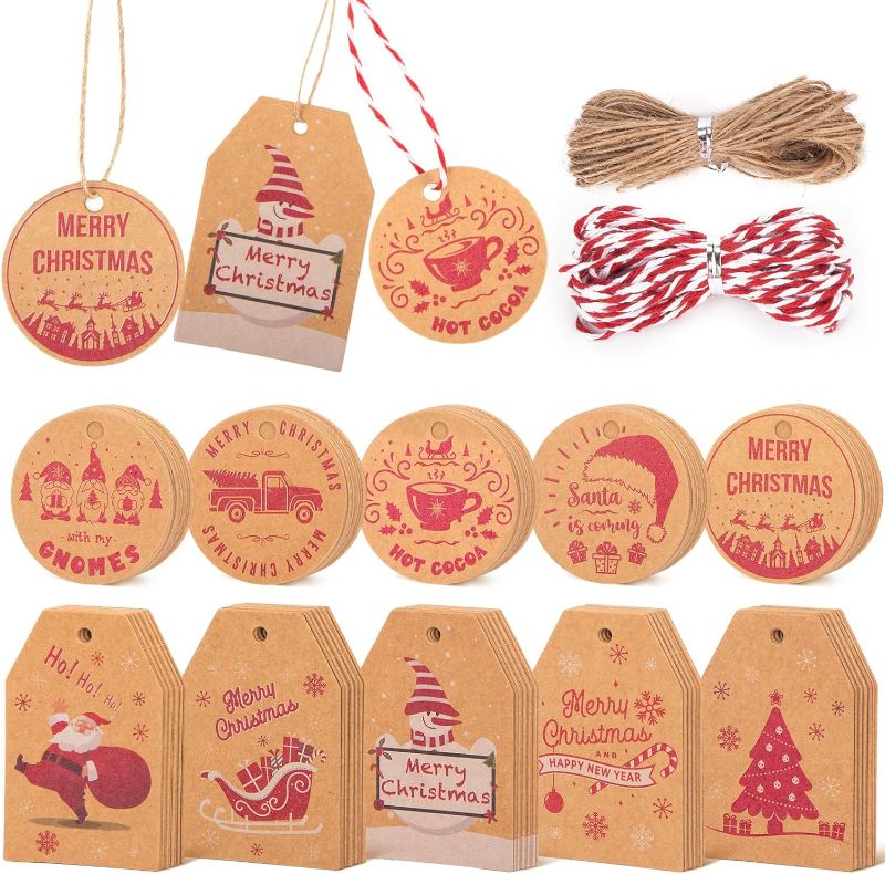 Photo 1 of Christmas Tags with String, Christmas Labels for Gift Kraft Paper Tags for Christmas Presents Name Tags Christmas Tree Decorations 