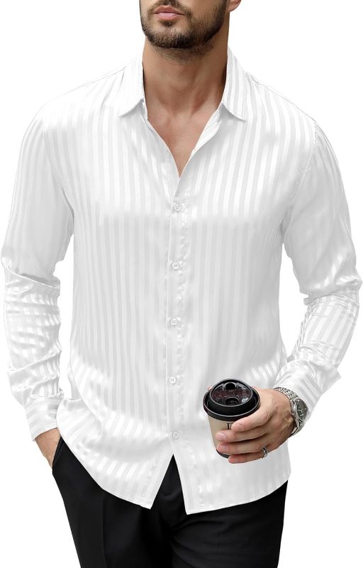 Photo 1 of  Men's Muscle Fit Dress Shirts Casual Stylish Shiny Silk Long Sleeve Striped Button Down Shirt 34/35