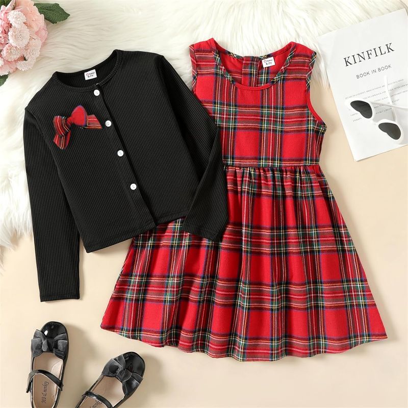 Photo 1 of 2 Piece Girl's Dress with Cardigan Red Plaid Sleeveless Christmas Dress and Black Bowknot Cardigan Set 4-5 y