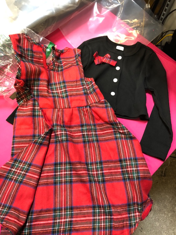 Photo 2 of 2 Piece Girl's Dress with Cardigan Red Plaid Sleeveless Christmas Dress and Black Bowknot Cardigan Set 4-5 y