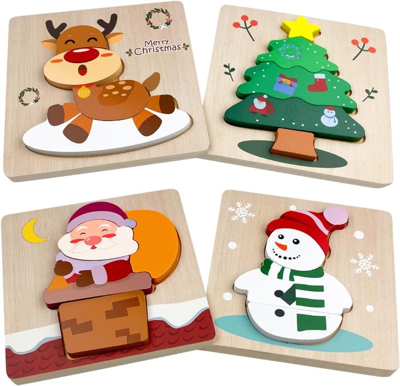 Photo 1 of  Pack Christmas Wooden Puzzles for Kids Toddlers Christmas Toys Christmas Stocking Stuffers Party Favors Gifts