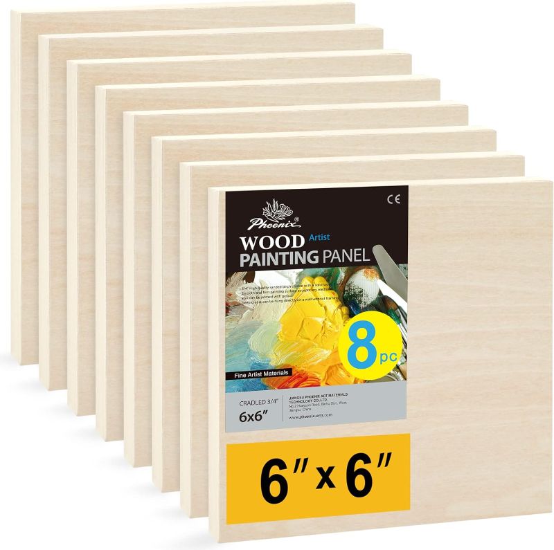 Photo 1 of  Unfinished Wood Panel Boards for Painting - 6x6 Inch / 8 Pack Birchwood 3/4" Deep Square Cradled Wooden Board for Crafts, Wood Burning & Pouring Art