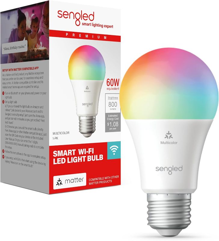 Photo 1 of  LED Smart Light Bulb (A19), Matter-Enabled, Multicolor, Works with Alexa, 60W Equivalent, 800LM, Instant Pairing, 2.4 GHz, Wi-Fi, 1-Pack