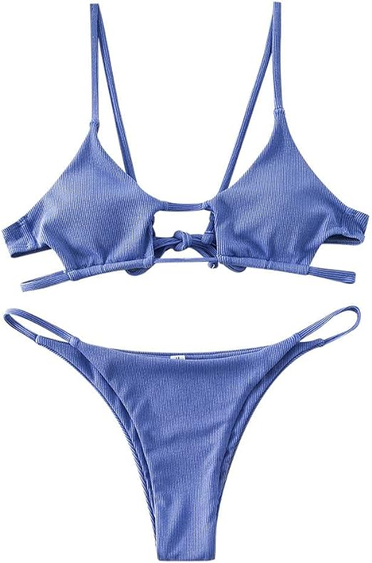 Photo 1 of ZAFUL Women's Ribbed Cut Out Bikini Set String Swimwear Sexy Brazilian Thong Bikini Two Piece Swimsuits
BLUE 
SIZE-SMALL