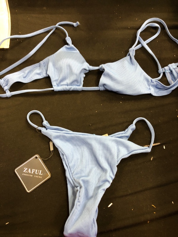 Photo 2 of ZAFUL Women's Ribbed Cut Out Bikini Set String Swimwear Sexy Brazilian Thong Bikini Two Piece Swimsuits
BLUE 
SIZE-SMALL