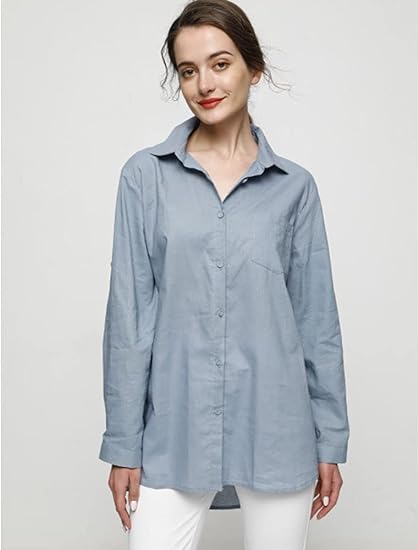 Photo 1 of Minibee Women's Linen Blouse High Low Shirt Roll-Up Sleeve Tops Blue
SIZE-3XL