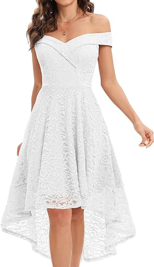 Photo 1 of HomRain Women's Elegant Floral Lace Dress Off The Shoulder High Low Hem Dresses for Wedding for Cocktail for Party Hi Low-blush 
SIZE-LARGE 