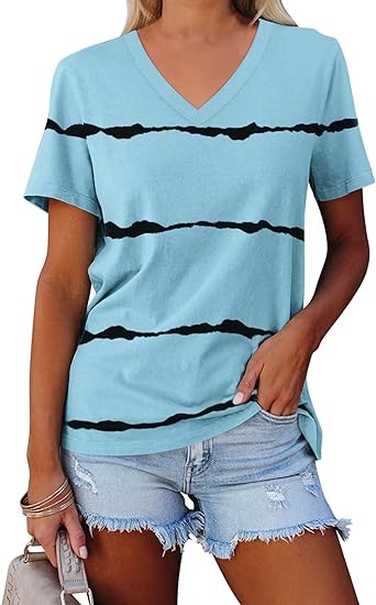 Photo 1 of Minetom Women's Color Block/Solid Tops Short Sleeve V Neck T Shirts Summer Casual Tees - MEDIUM 