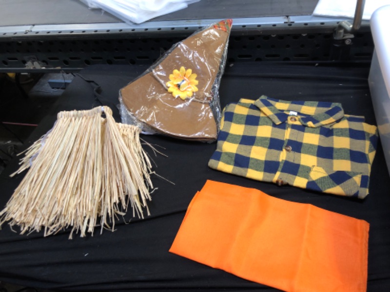 Photo 2 of Halloween Costume Set Includes man of straw man Hat Plaid Casual Shirts Orange Scarf and 5 Straw Kits for Halloween 51 Inch