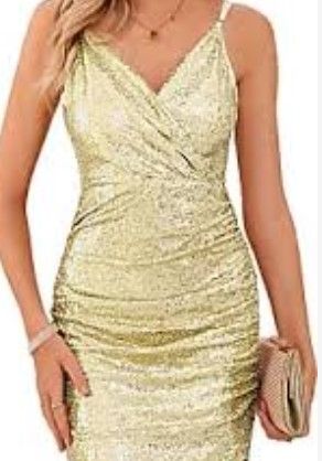 Photo 1 of GOLD SPARKLE DRESS, SPAGHETTI STRAP 
SIZE-LARGE 