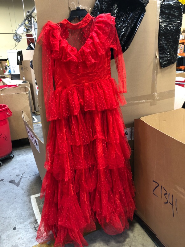 Photo 1 of RED LONGSLEEVE SHEER MESH RUFFLE DRESS 
SIZE-UNKNOWN , APPEARS TO BE SIZE - M/L
NO STRETCH 
COMES WITH HEAD PIECE 