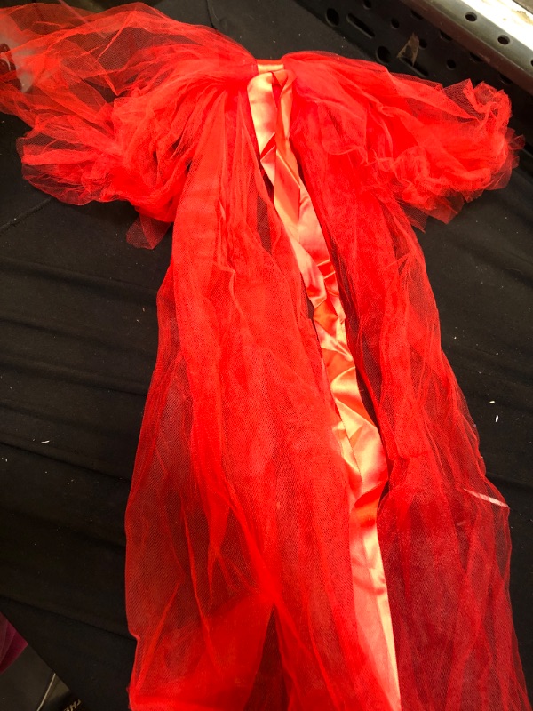 Photo 2 of RED LONGSLEEVE SHEER MESH RUFFLE DRESS 
SIZE-UNKNOWN , APPEARS TO BE SIZE - M/L
NO STRETCH 
COMES WITH HEAD PIECE 