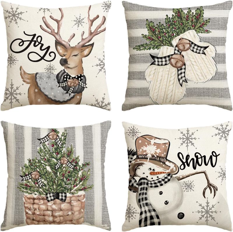 Photo 1 of AVOIN colorlife Christmas Snowman Reindeer Gloves Eucalyptus Throw Pillow Covers, 18 x 18 Inch Winter Holiday Stripes Cushion Case Decoration for Sofa Couch Set of 4
