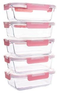 Photo 1 of 5 Pack Glass Food Storage Containers, Glass Meal Prep Containers with Lids Leak Proof, Microwave & Freezer Safe (34oz & 12oz) pink