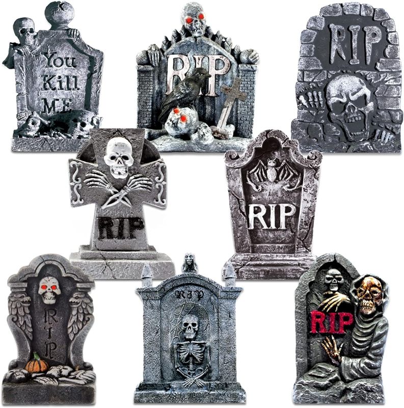 Photo 1 of 8 Pieces Tombstone Yard Sign Halloween Sign Decoration with Stakes Waterproof Gravestone Corrugated Plastic Outdoor Sign for Party, Garden, Yard
