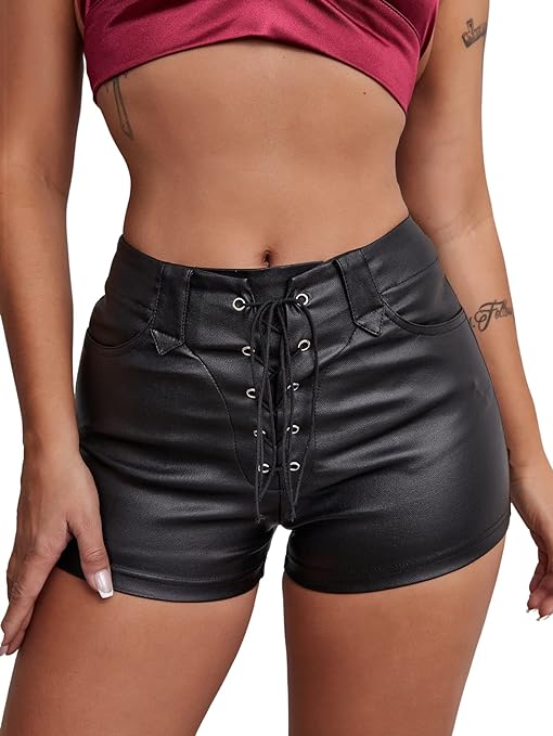 Photo 1 of Floerns Women's Eyelets Drawstring Front High Waisted Solid Leather Shorts

SIZE UNKNOWN 
SIZE APPEARS TO BE - MEDIUM/LARGE 