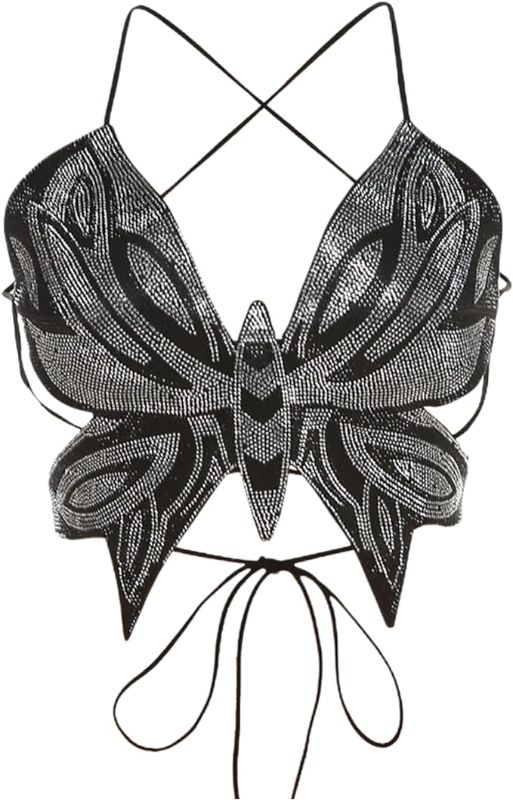 Photo 1 of JUMISEE Women Sparkly Rhinestone Butterfly Crop Top Sexy Satin V Neck Bakless Lace Up Cami Tank Top for Rave Festival
SIZE UNKNOWN 
SIZE APPEARS TO BE XSMALL/SMALL 
