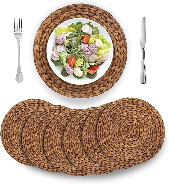 Photo 1 of (4 Sizes: 12"-13"-14"-15") BARIEN Brown Woven Placemats Round Natural Water Hyacinth Weave Large Handmade Heat Resistant Non-Slip for Dining Table (12" - Set of 8)
