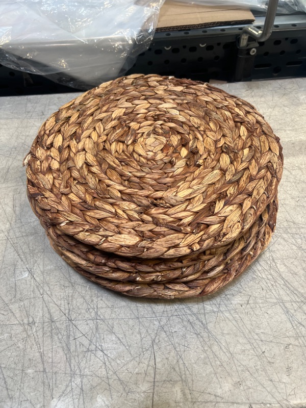 Photo 2 of (4 Sizes: 12"-13"-14"-15") BARIEN Brown Woven Placemats Round Natural Water Hyacinth Weave Large Handmade Heat Resistant Non-Slip for Dining Table (12" - Set of 8)
