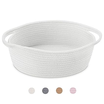 Photo 1 of ABenkle Cute Small Woven Basket with Handles, 12"x 8" x 5" Rope Room Shelf Storage Basket Chest Box for Cat and Dog Toys, Empty Decorative Gift - White
