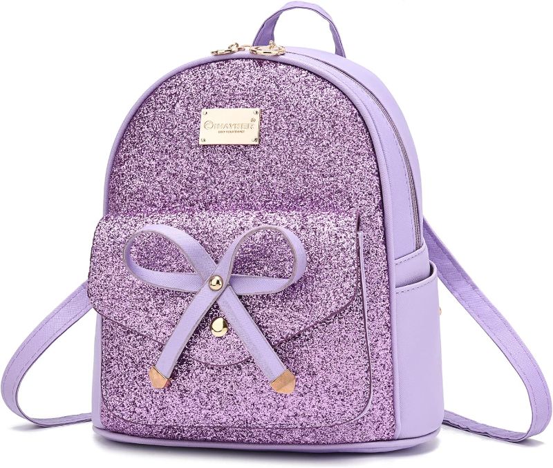 Photo 1 of I IHAYNER Cute Sequin Mini Backpack for Women Small Bowknot Leather Purse Fashion Backpack Purse for Women (Purple)
