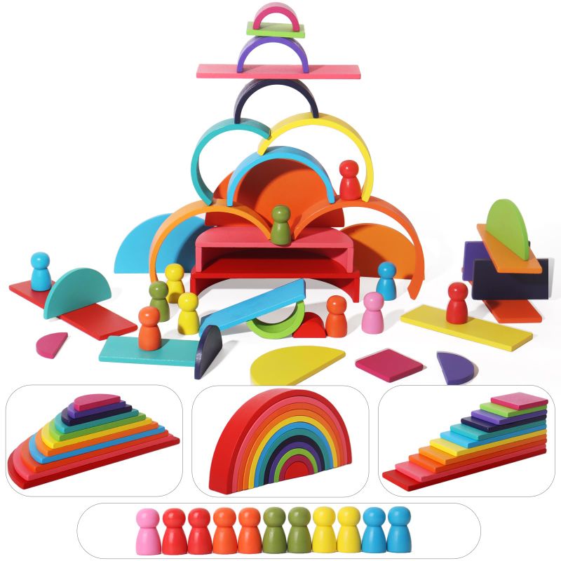 Photo 1 of SHIERDU 45-Piece Wooden Rainbow Stack Set, 4-in-1 Building Blocks preschoolers Early Development & Activity Toys Montessori Toys for Kids 3, 4, 5, 6 Years and Older Gifts for Boys and Girls