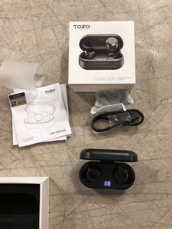 Photo 2 of TOZO Tonal Dots (T12) Wireless Earbuds Bluetooth 5.3 Headphones Built-in ENC Noise Cancelling Mic, 55 Hrs Playtime App Customize EQ IPX8 Waterproof LED Digital Display Premium Sound Headset Black Black Compact Ergonomic Edition