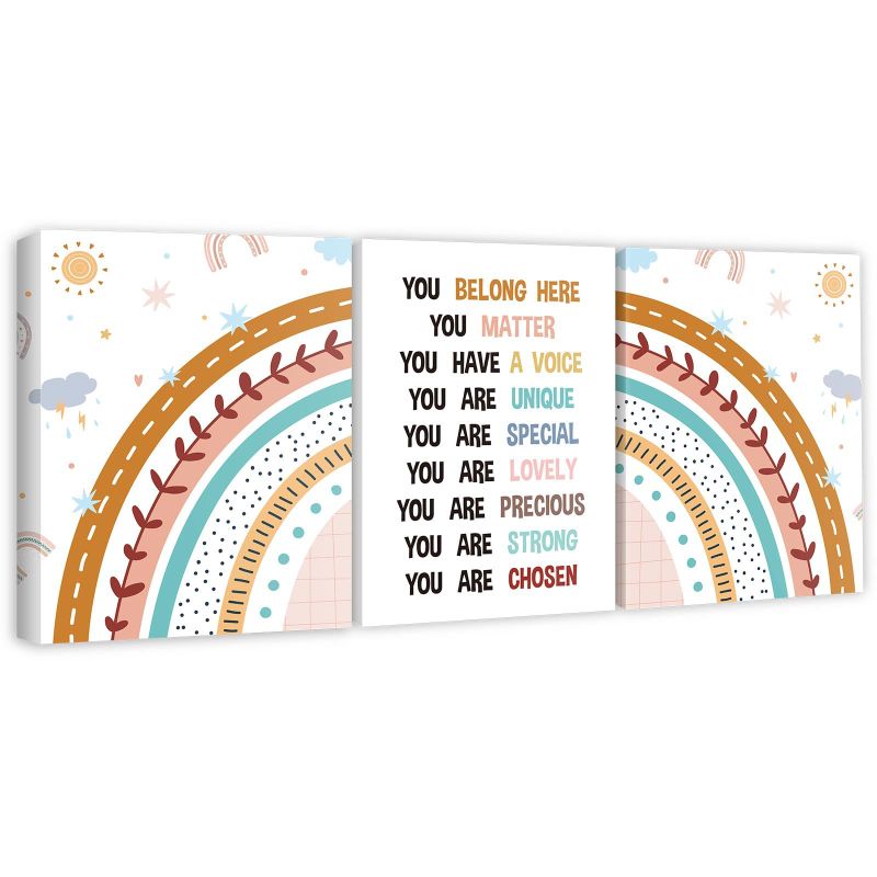 Photo 1 of Qeeenar 3 Pcs Rainbow Classroom Decorations Diversity Rainbow Canvas Painting Inspirational Boho Artistic Wall Decor Set for Nursery Daycare Primary School Home Office Bedroom Decor