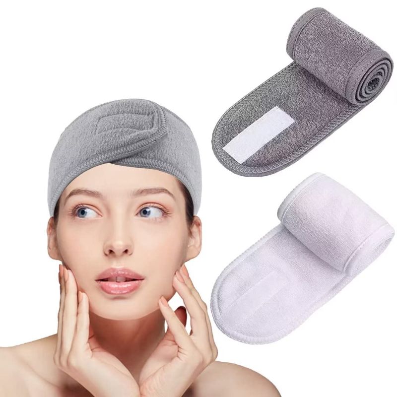 Photo 1 of  2 Pcs Spa Facial Headband, Adjustable Face Wash Headband with Magic Tape for Bath, Makeup and Sport (Grey, White) Grey, White 2 Pcs