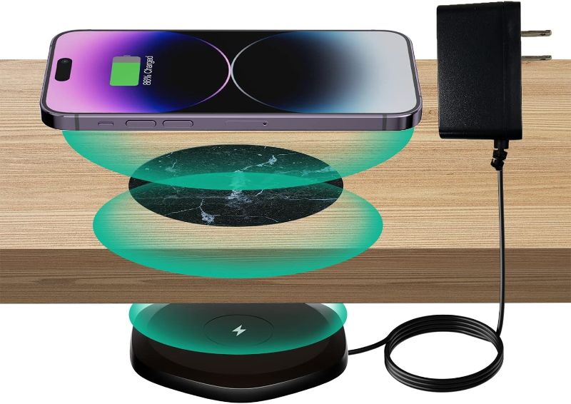 Photo 1 of KPON Invisible Wireless Charger - 30mm Under Table Wireless Charger - Furniture Desk Wireless Charging Station for iPhone 14/13/12/11/X/8 and All Wireless Phones/Earbuds (with QC Adapter)
