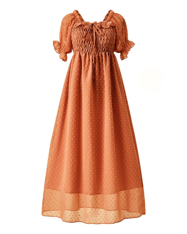 Photo 1 of Fashionme Women Off Shoulder Boho Flowy Swiss Dot Smocked Maxi Dress Casual Maternity Photoshoot Small Camel