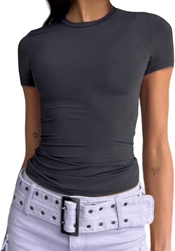 Photo 1 of L - XL deep gray Abardsion Women's Casual Basic Going Out Crop Tops Slim Fit Short Sleeve Crew Neck Tight T Shirts