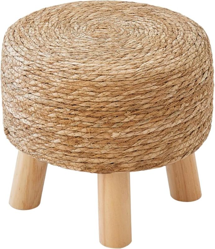 Photo 1 of ALeesing Round Ottoman Natural Seagrass Footstool, Round Footstool with 4 Wood Legs, Hand Woven Round Footstool Sofa Stool, Multifunctional Modern Dressing Stool, Sofa Side Table for Bedroom (Nature)
